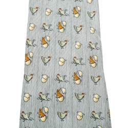Pre Owned Hermes Grey Chicken and Rabbit Easter Patterned Silk Tie