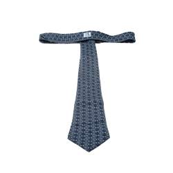 Pre Owned Hermes Navy Blue Bridle Printed Silk Tie 