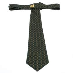 Pre Owned Hermès Pine Green Equestrian Print Silk Twill Tie