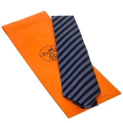 Pre Owned Hermès Blue Striped Jacquard Silk Tie