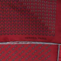 Pre Owned Hermes Maroon Horsebit Print Silk Twill Pocket Square 