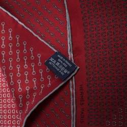 Pre Owned Hermes Maroon Horsebit Print Silk Twill Pocket Square 