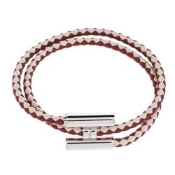 Hermes Tournis Tresse Bicolor Woven Leather Palladium Plated Bracelet