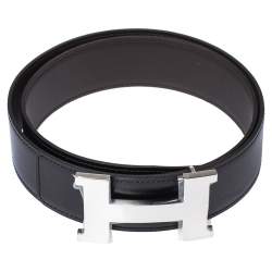 Pre Owned Hermes Black/Cacao Box Calf Leather Constance Reversible Belt 90CM