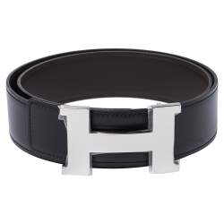 Pre Owned Hermes Black/Cacao Box Calf Leather Constance Reversible Belt 90CM