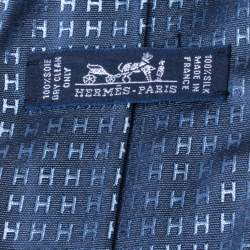 Pre Owned Hermes Thalassa Blue Faconnee H Silk Jacquard Tie