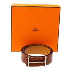 Pre Owned Hermes Tan/Brown Box and Togo Leather Idem Reversible Belt 90CM