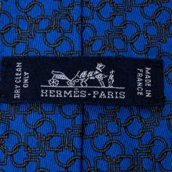 Pre Owned Hermes Blue Printed Silk Narrow Tie
