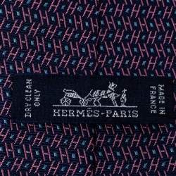 Pre Owned Hermes Navy Blue Printed Silk Classic Tie