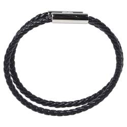 Pre Owned Hermès Tournis Tresse Black Leather Palladium Plated Bracelet