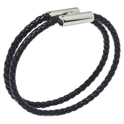 Pre Owned Hermès Tournis Tresse Black Leather Palladium Plated Bracelet