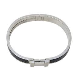 Pre Owned Hermès Clic H Bleu Nuit Enamel Brushed Palladium Plated Bracelet 