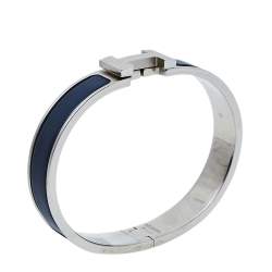 Pre Owned Hermès Clic H Bleu Nuit Enamel Brushed Palladium Plated Bracelet 