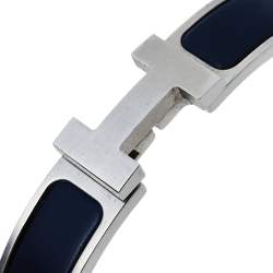 Pre Owned Hermès Clic H Bleu Nuit Enamel Brushed Palladium Plated Bracelet 