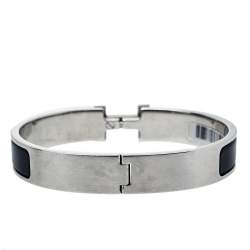 Pre Owned Hermès Clic H Bleu Nuit Enamel Brushed Palladium Plated Bracelet 