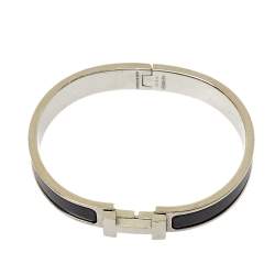 Pre Owned Hermès Clic HH Black Enamel Brushed Palladium Plated Bracelet 