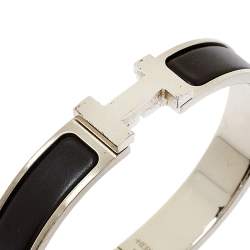 Pre Owned Hermès Clic HH Black Enamel Brushed Palladium Plated Bracelet 