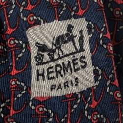 Pre Owned Hermés Blue & Red Anchor Print Silk Tie