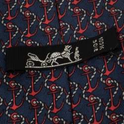 Pre Owned Hermés Blue & Red Anchor Print Silk Tie
