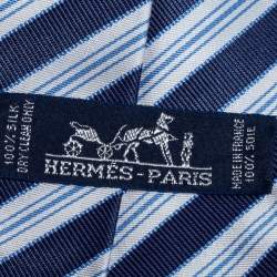 مملوكة مسبقًا Hermes Navy Blue Striped Silk Tie