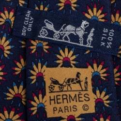 Pre Owned Hermes Navy Blue Indian Feather Headdress Print Silk Tie