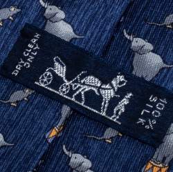 Pre Owned Hermès Navy Blue Elephant & Mouse Print Silk Tie
