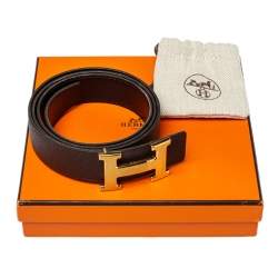 Pre Owned Hermes Black/Chocolate Chamonix and Togo Leather Constance Reversible Belt 100 CM