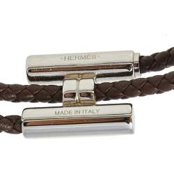 Pre Owned Hermes Tournis Tresse Brown Leather Palladium Plated Bracelet