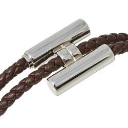 Pre Owned Hermes Tournis Tresse Brown Leather Palladium Plated Bracelet