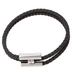 Pre Owned Hermès Tournis Tresse Grey Leather Palladium Plated Bracelet