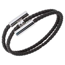 Pre Owned Hermès Tournis Tresse Grey Leather Palladium Plated Bracelet