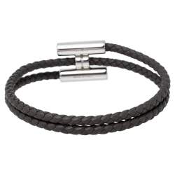 Pre Owned Hermès Tournis Tresse Grey Leather Palladium Plated Bracelet