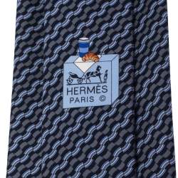 Pre Owned Hermès Grey & Blue Printed Silk Tie