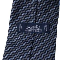 Pre Owned Hermès Grey & Blue Printed Silk Tie