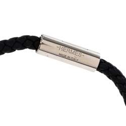 Pre Owned Hermès Black Braided Leather Palladium Plated Goliath Bracelet