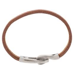 Pre Owned Hermès Brown Bridle Leather Brushed Palladium Plated Jumbo Jet Bracelet