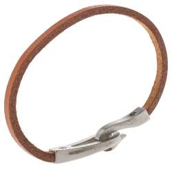 Pre Owned Hermès Brown Bridle Leather Brushed Palladium Plated Jumbo Jet Bracelet