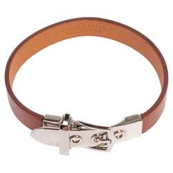 Pre Owned Hermès Brown Leather Palladium Plated Java 10 Bracelet M