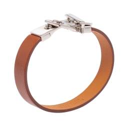 Pre Owned Hermès Brown Leather Palladium Plated Java 10 Bracelet M