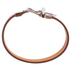 Pre Owned Hermès Brown Leather Palladium Plated Java 10 Bracelet M