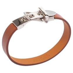 Pre Owned Hermès Brown Leather Palladium Plated Java 10 Bracelet M