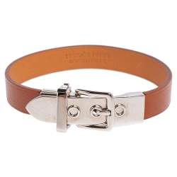 Pre Owned Hermès Brown Leather Palladium Plated Java 10 Bracelet M