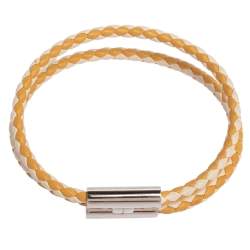 Pre Owned Hermès Tournis Tresse Bicolor Woven Leather Palladium Plated Bracelet
