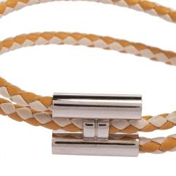 Pre Owned Hermès Tournis Tresse Bicolor Woven Leather Palladium Plated Bracelet