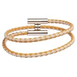 Pre Owned Hermès Tournis Tresse Bicolor Woven Leather Palladium Plated Bracelet