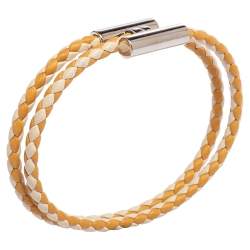 Pre Owned Hermès Tournis Tresse Bicolor Woven Leather Palladium Plated Bracelet