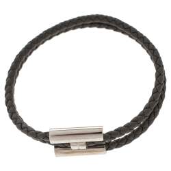 Pre Owned Hermes Tournis Tresse Grey Woven Leather Palladium Plated H Bracelet