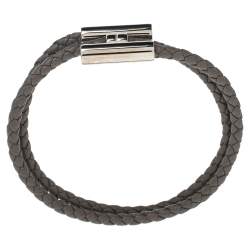 Pre Owned Hermes Tournis Tresse Grey Woven Leather Palladium Plated H Bracelet