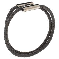 Pre Owned Hermes Tournis Tresse Grey Woven Leather Palladium Plated H Bracelet