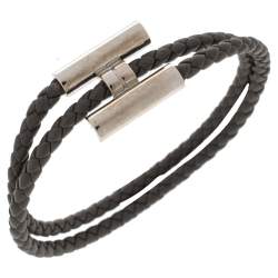 Pre Owned Hermes Tournis Tresse Grey Woven Leather Palladium Plated H Bracelet